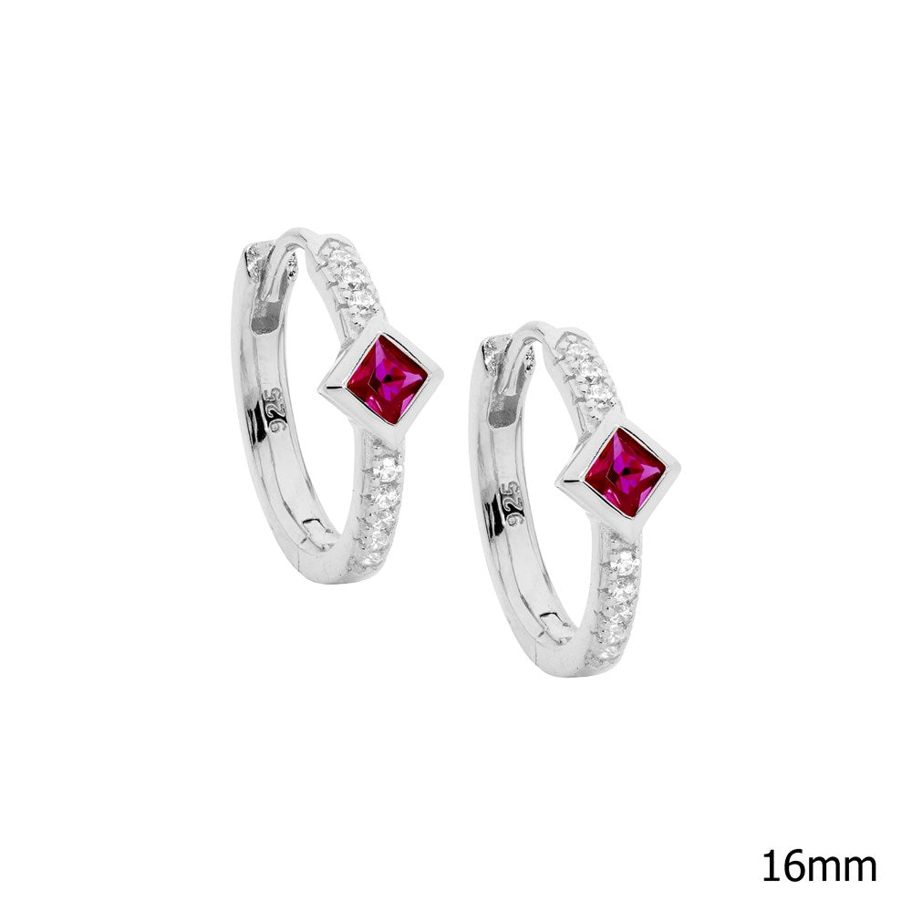 Silver Hoop Earrings set with Red Princess Cut CZ In the Centre