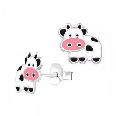 Silver Enamel Cow Stud Earrings.