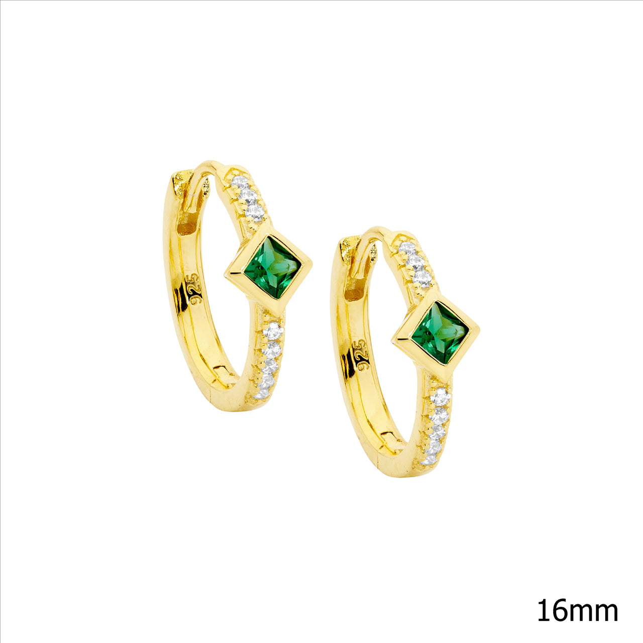 Green & White Huggie Earrings - Yellow Gold.