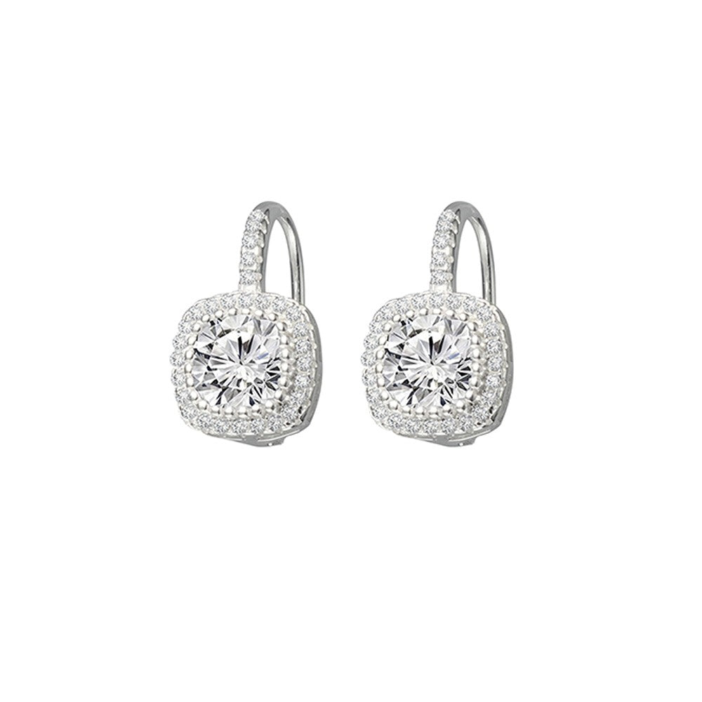 Cushion Shape Cubic Zirconia Halo Drop Earrings.