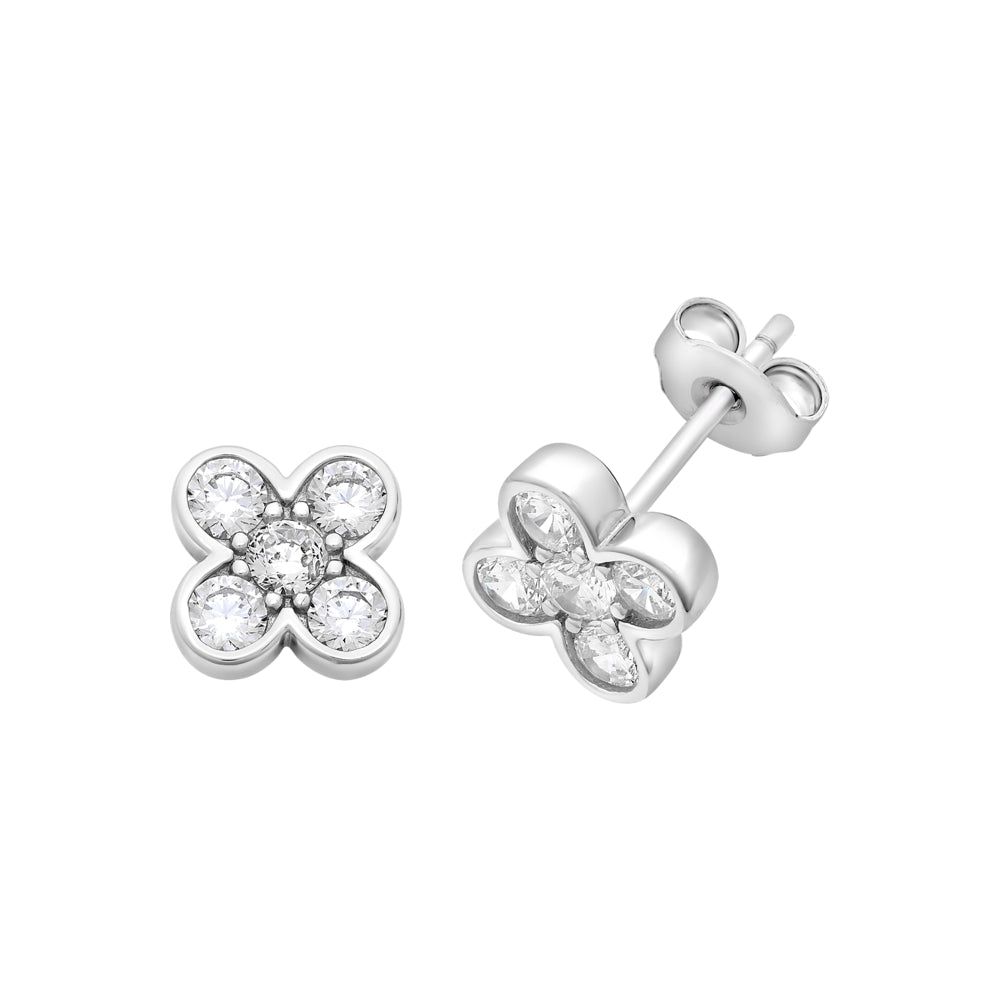 Sterling Silver CZ Clover Stud Earrings.