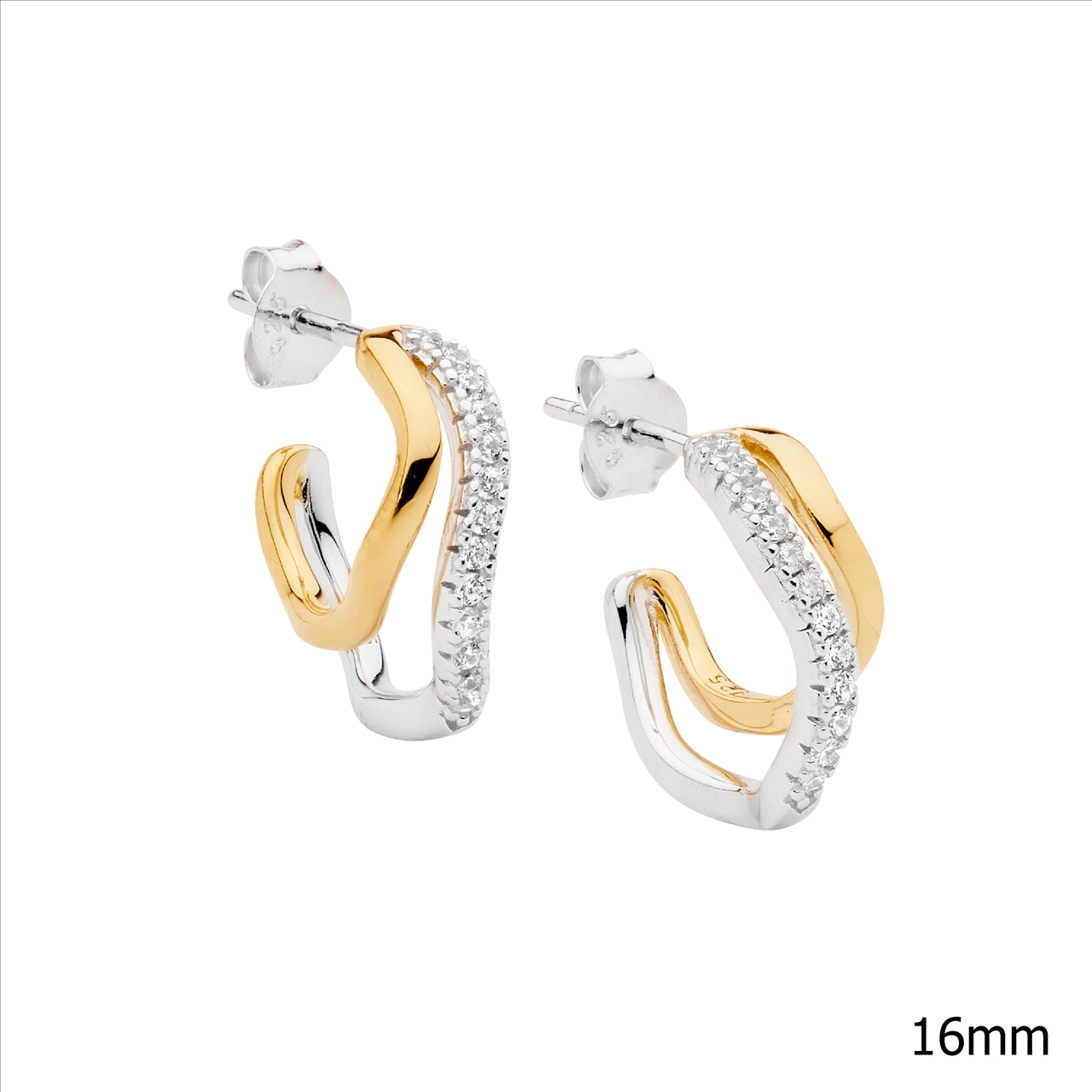 Double Wave CZ Hoop Earrings - Silver & Yellow Gold.