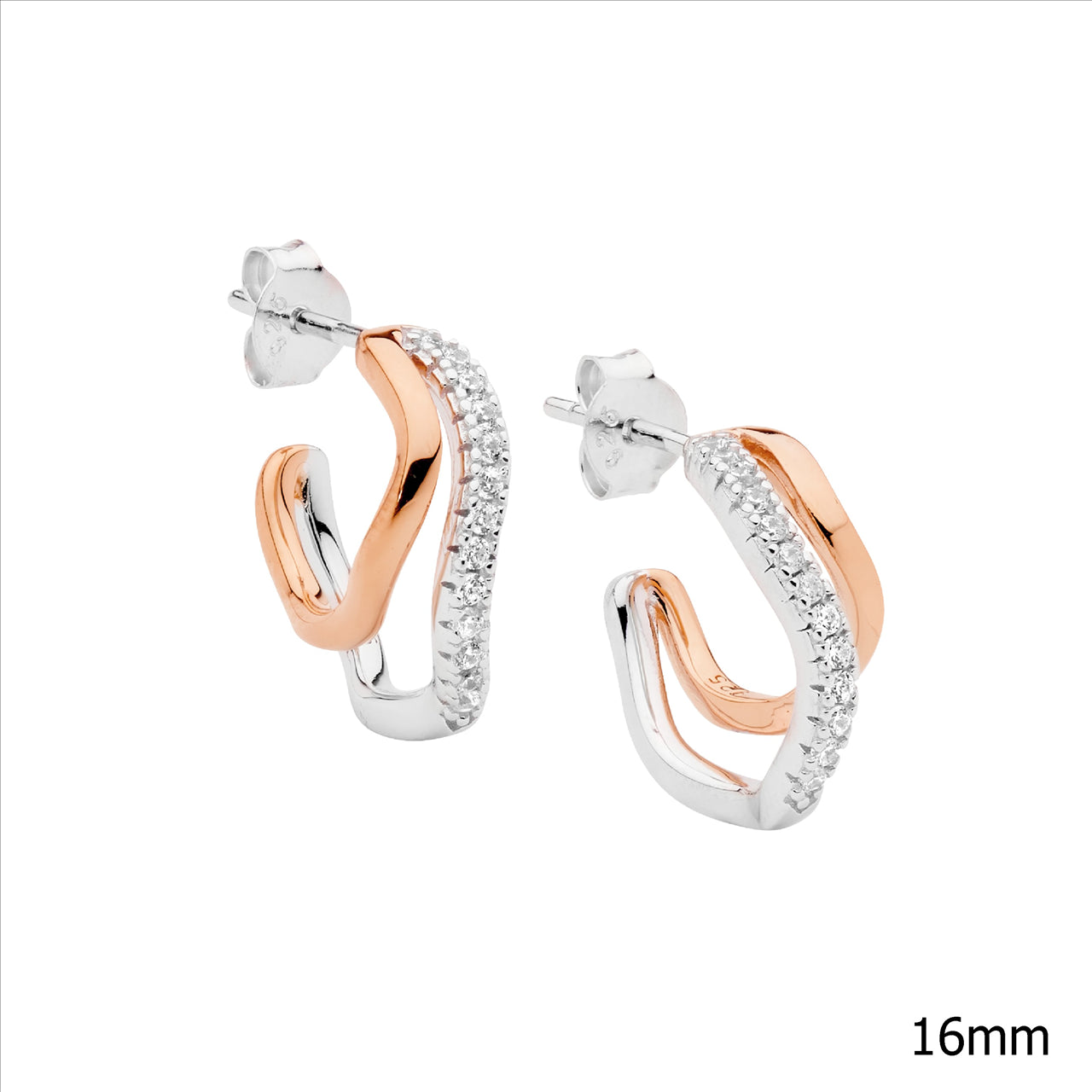 Double Wave CZ Hoop Earrings - Silver & Rose Gold.