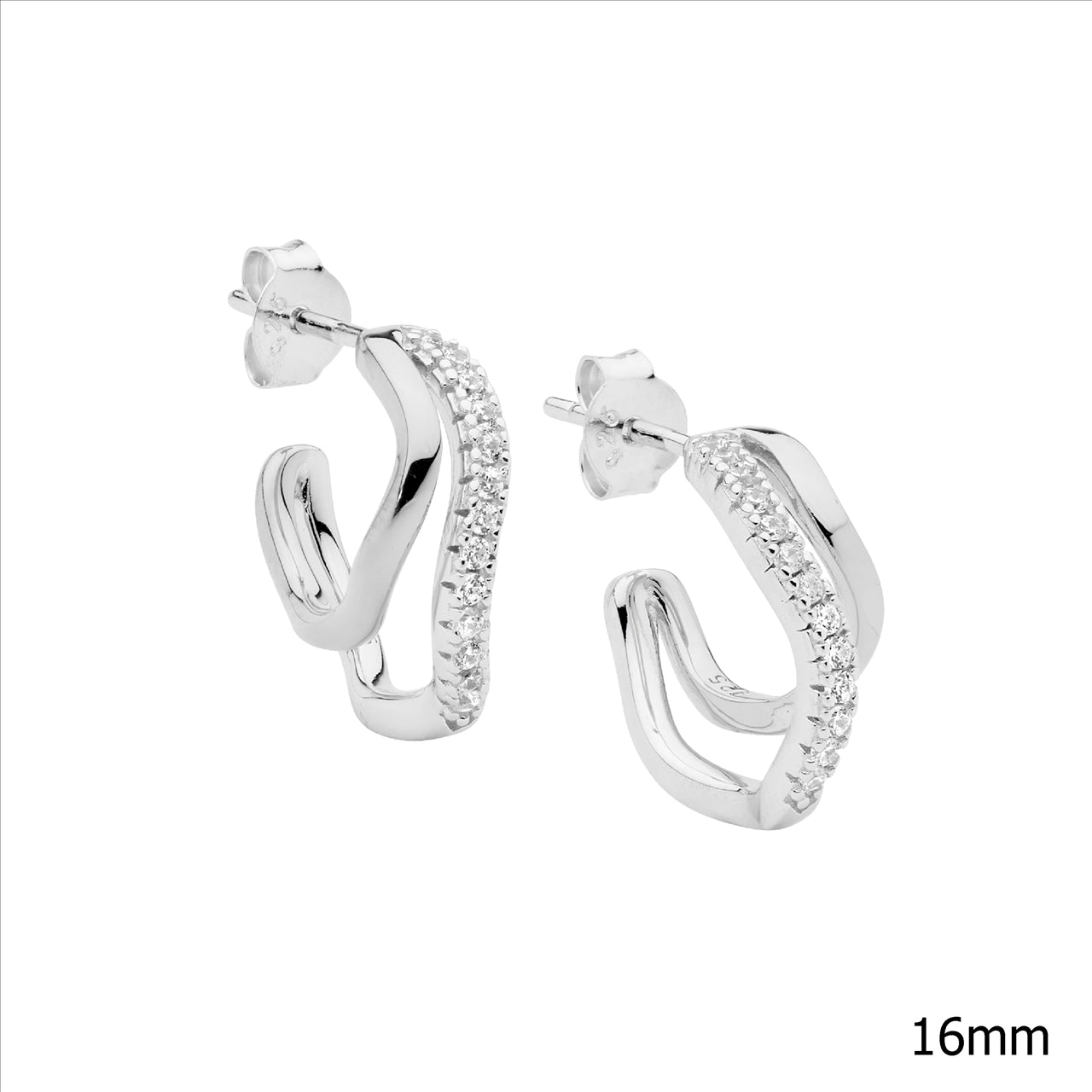 Double Wave CZ Hoop Earrings - Silver.