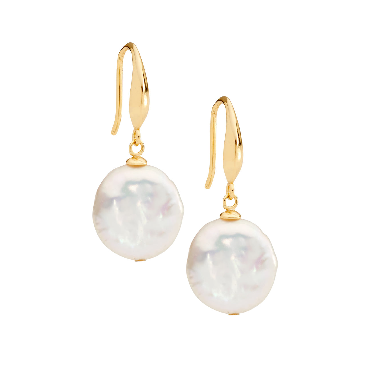 Freshwater Coin Pearl Drop Earrings - Yellow Gold.