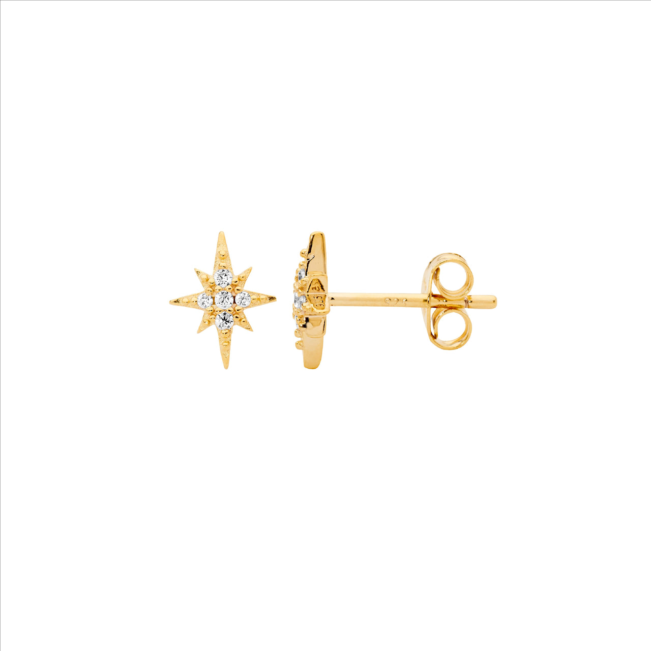 Star Stud Earrings with CZ Centre - Yellow Gold.