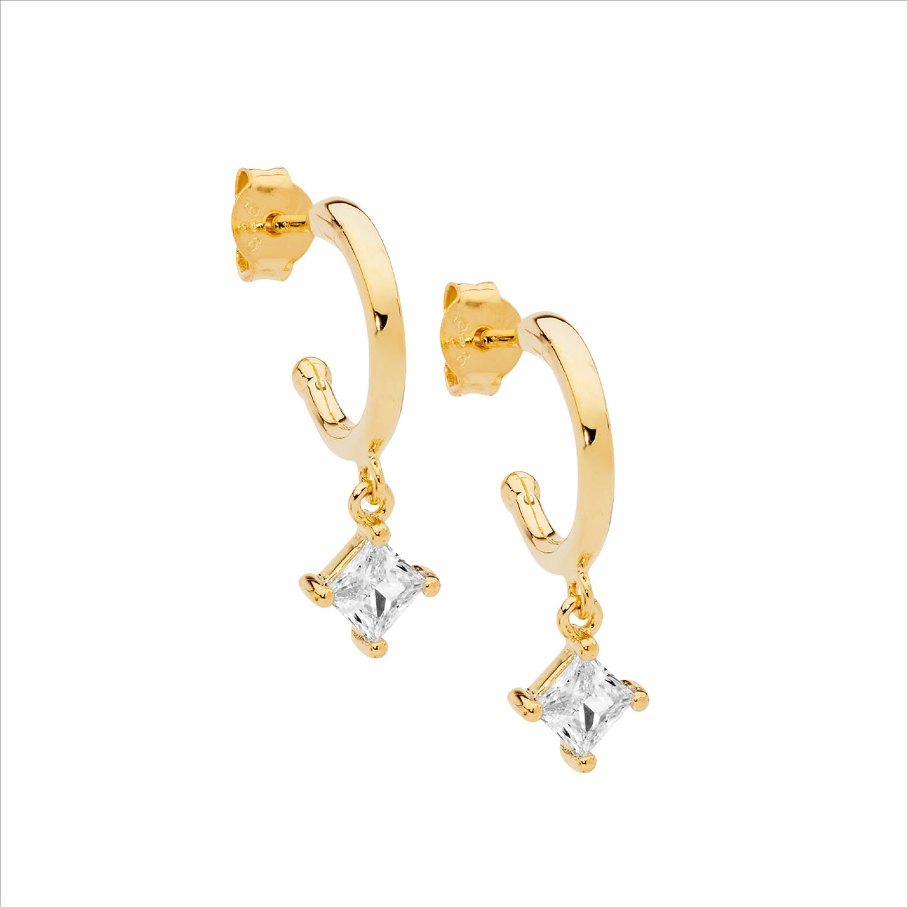 3/4 Hoops with Princess Cut Drop - Yellow Gold.