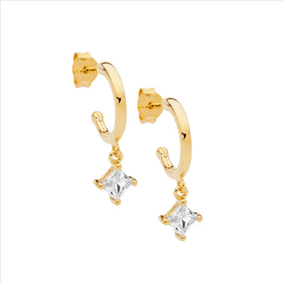 3/4 Hoops with Princess Cut Drop - Yellow Gold.