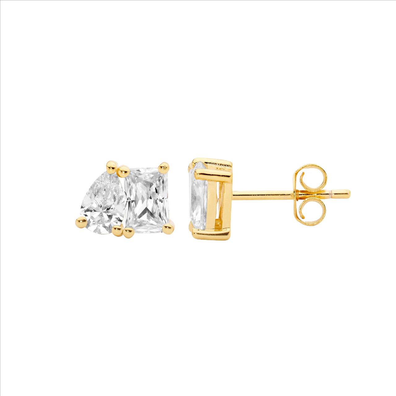 Emerald Cut & Pear Cut Stud Earrings - Yellow Gold.