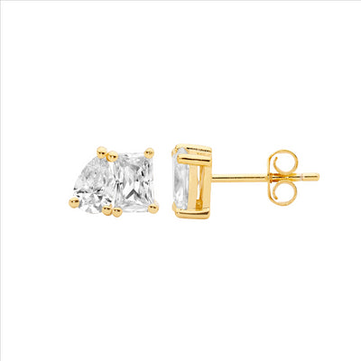 Emerald Cut & Pear Cut Stud Earrings - Yellow Gold.