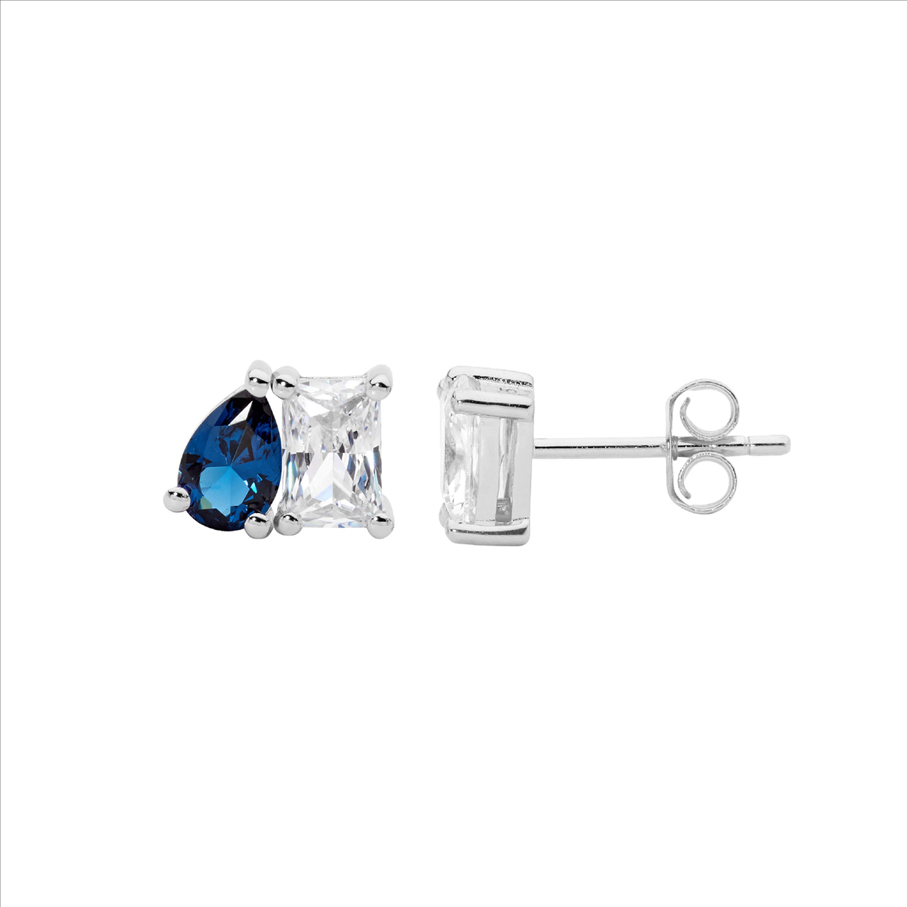 Emerald Cut & Pear Cut Stud Earrings - London Blue & White CZ