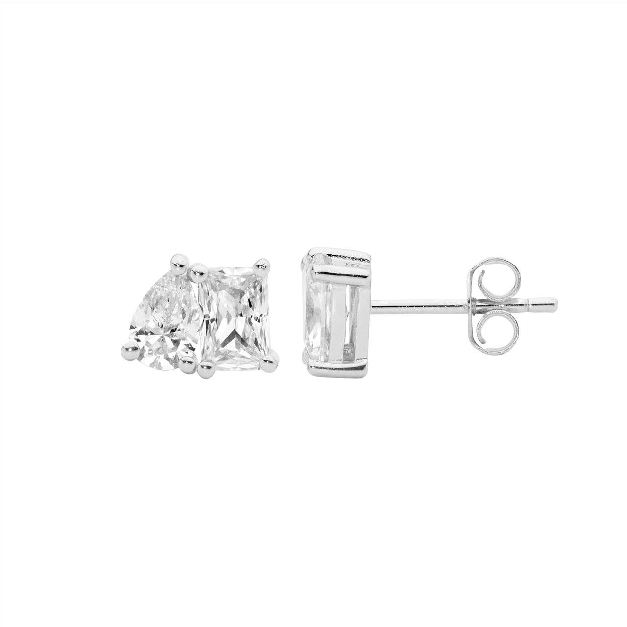 Emerald Cut & Pear Cut Stud Earrings - Silver