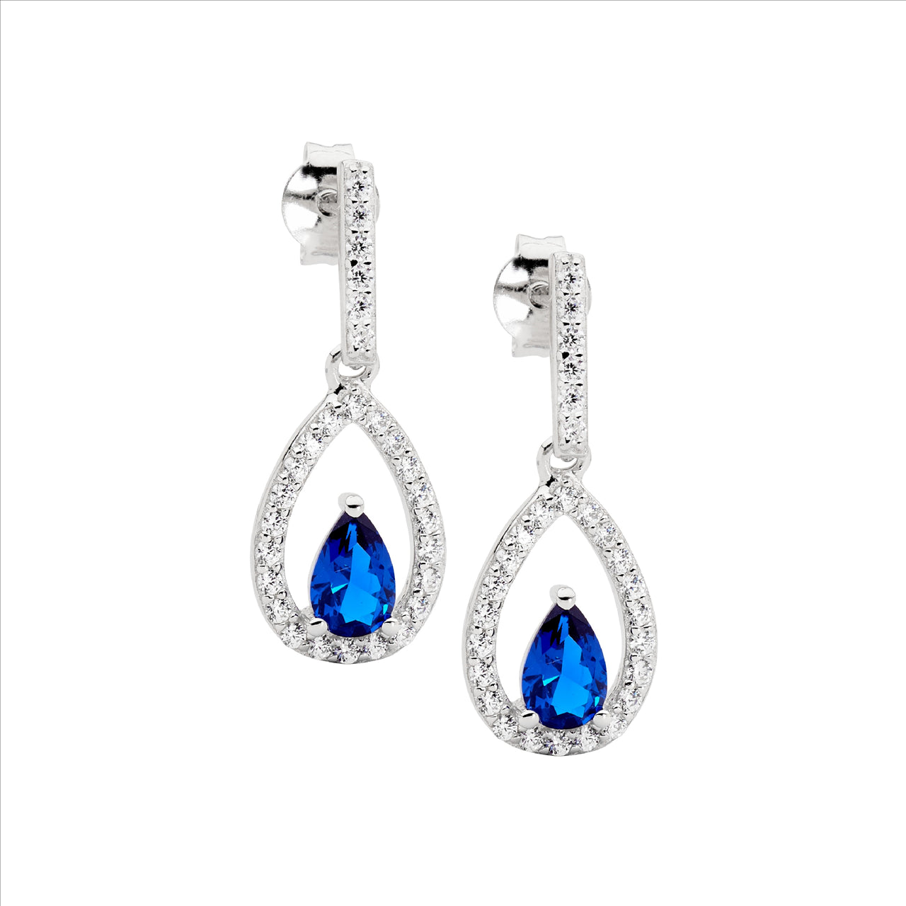 Blue & White Cubic Zirconia Teardrop Earrings. in Sterling Silver.