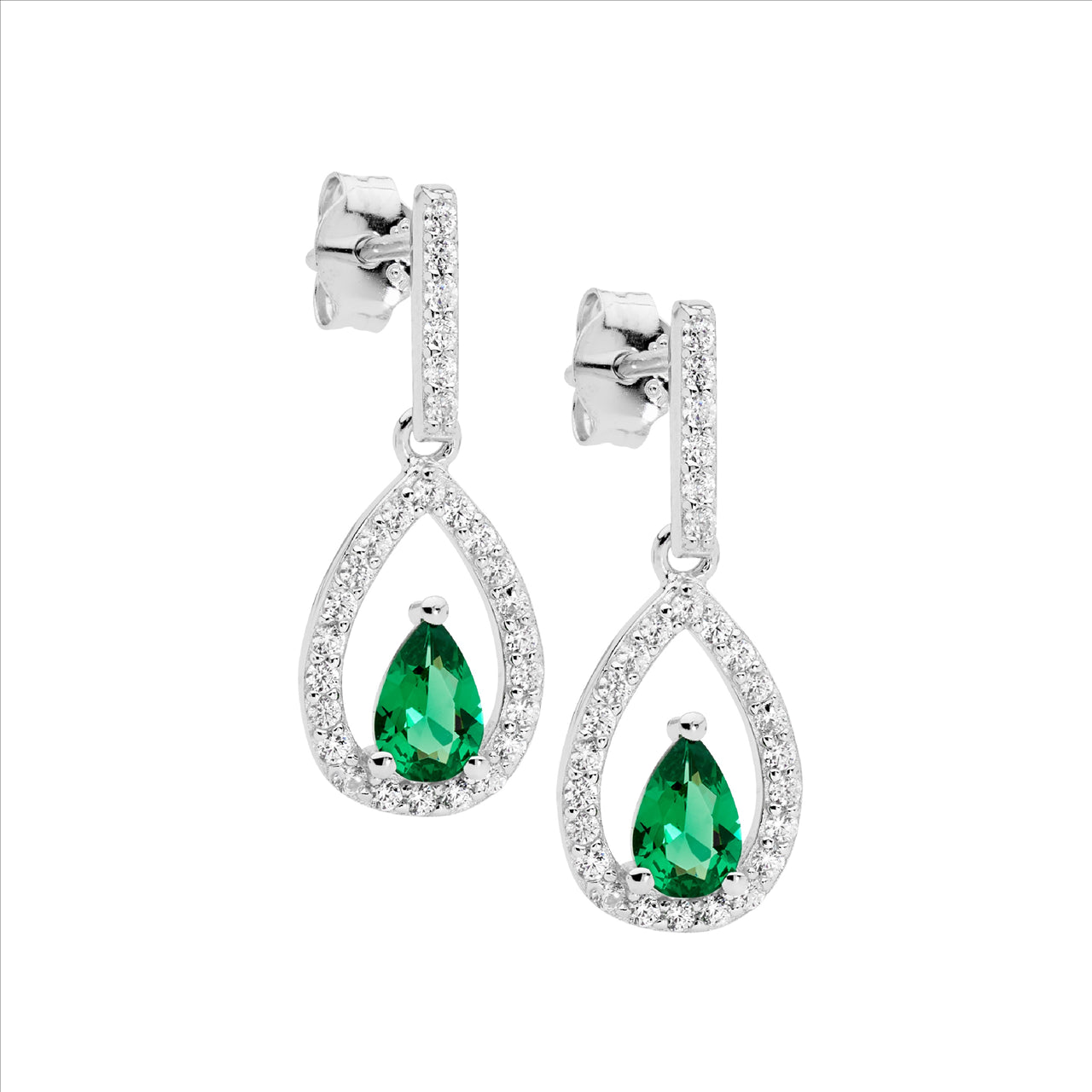 Open Teardrop Earrings with Green & White Cubic Zirconias.