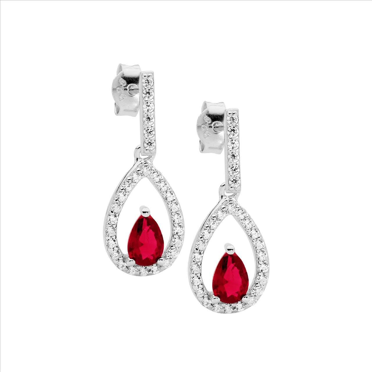 Open Teardrop Earrings with Red & White Cubic Zirconias.