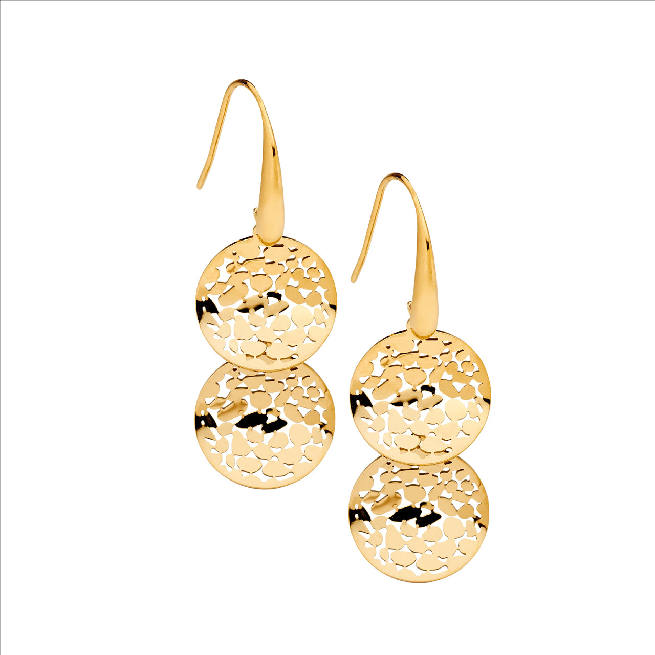 Double Circle Concave Drop Earrings - Yellow Gold.