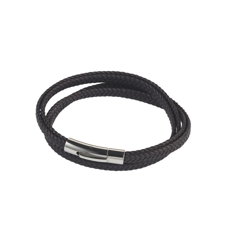 Mens Stainless Steel & Black Leather Double Strand Bracelet