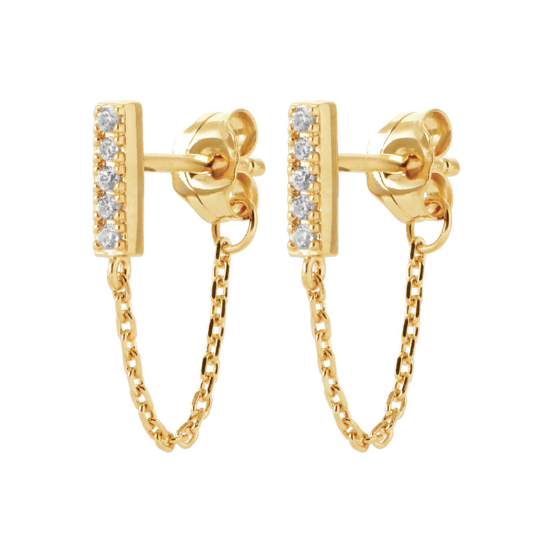 Yellow Gold Plate CZ Bar & Chain Drop Earrings.