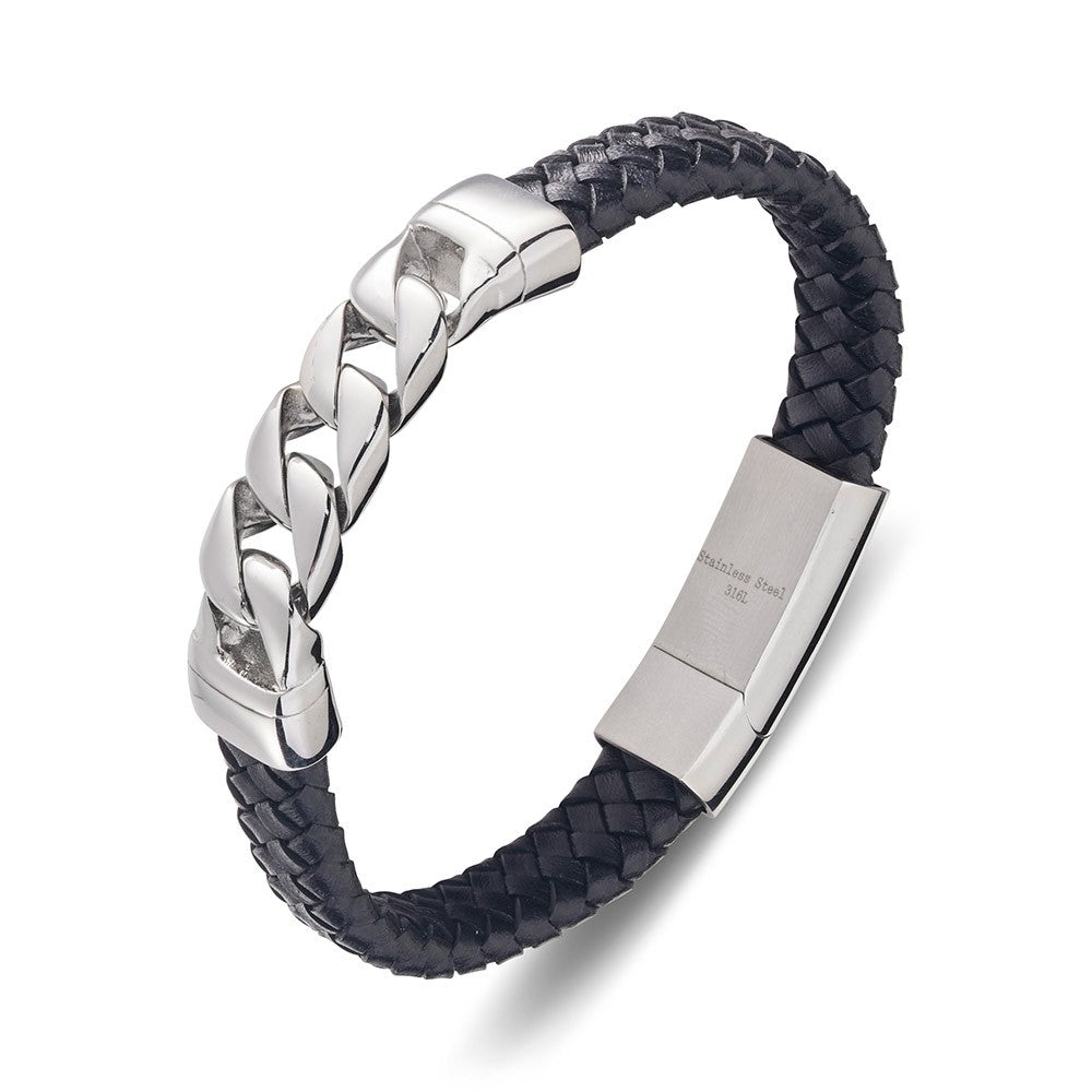 Mens Black Leather Bracelet with Steel Curb link Centre