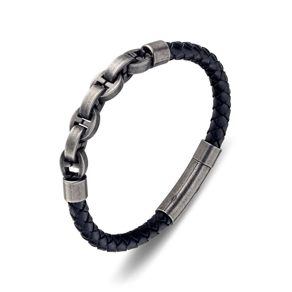 Mens Black Leather Bracelet with Antique Stainless Steel Link