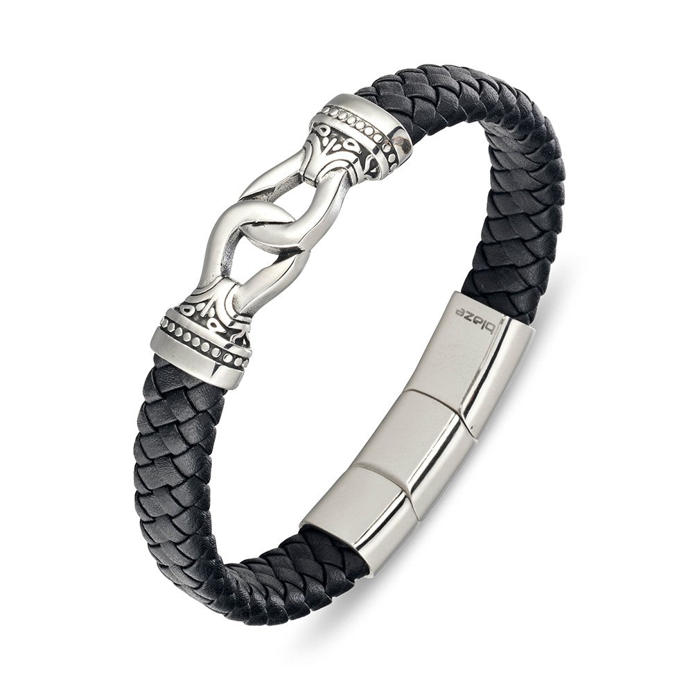 Mens Leather & Stainless Steel Link Bracelet.
