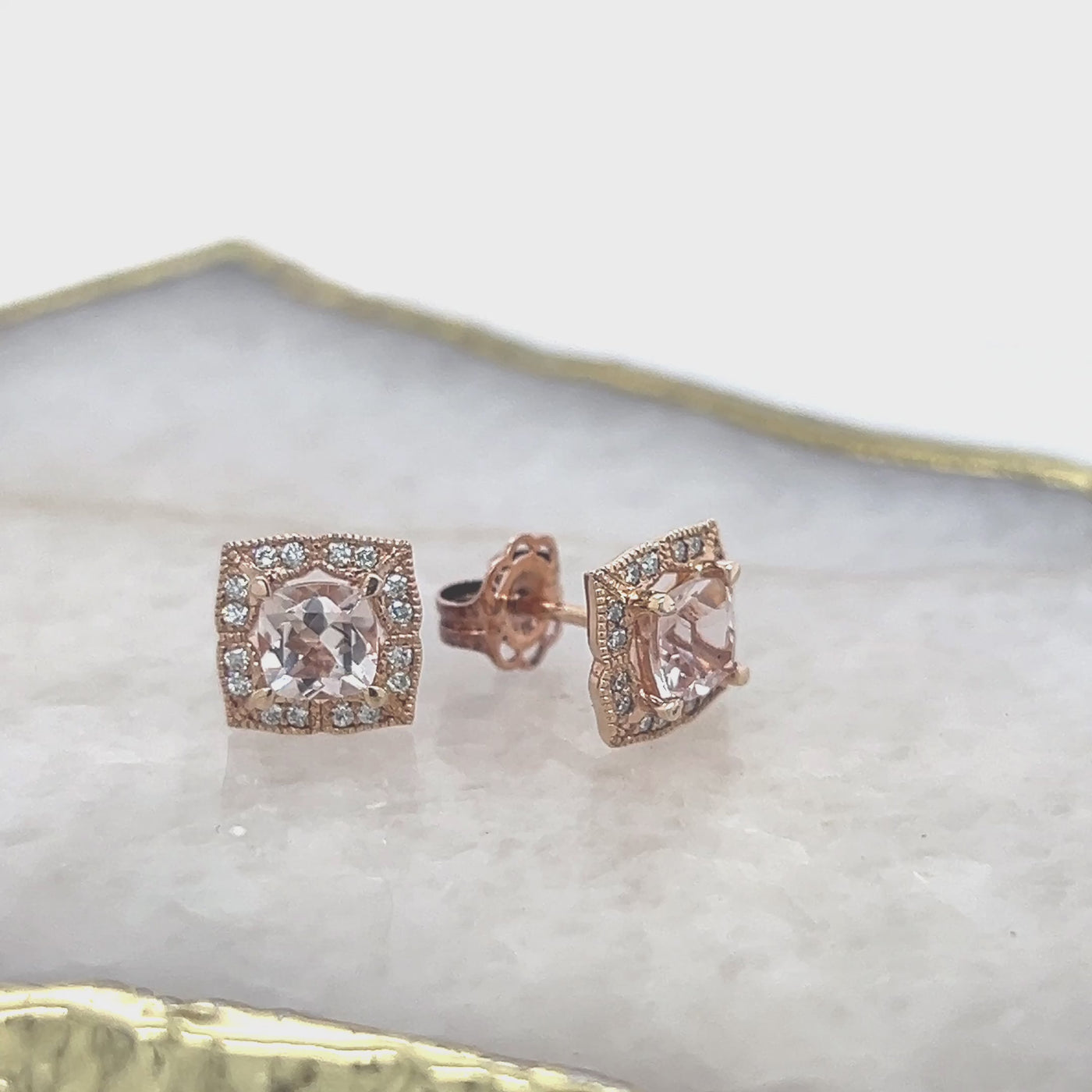 9ct Rose Gold Cushion Cut Morganite & Diamond Studs