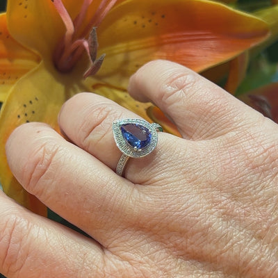 18ct White Gold Pear Shaped Tanzanite & Diamond Ring.