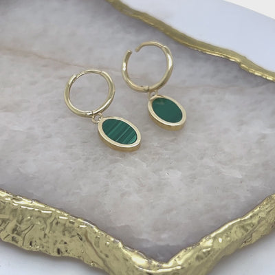 Oval Malachite Drop Earring in 9ct Yellow Gold.