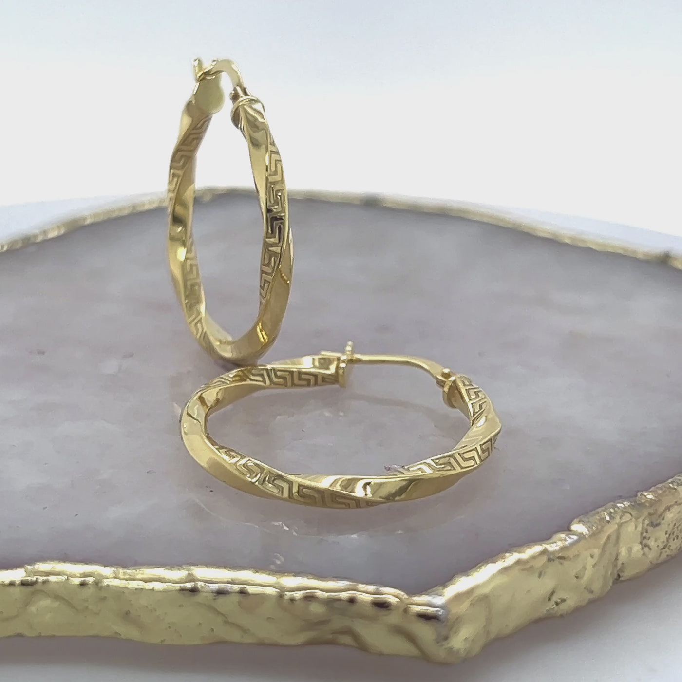 9ct Yellow Gold Greek Key Pattern Twist Hoop Earrings.