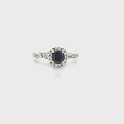 18ct Gold Cushion Cut Blue Sapphire & Diamond Ring.