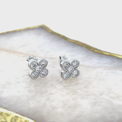 Sterling Silver CZ Clover Stud Earrings.