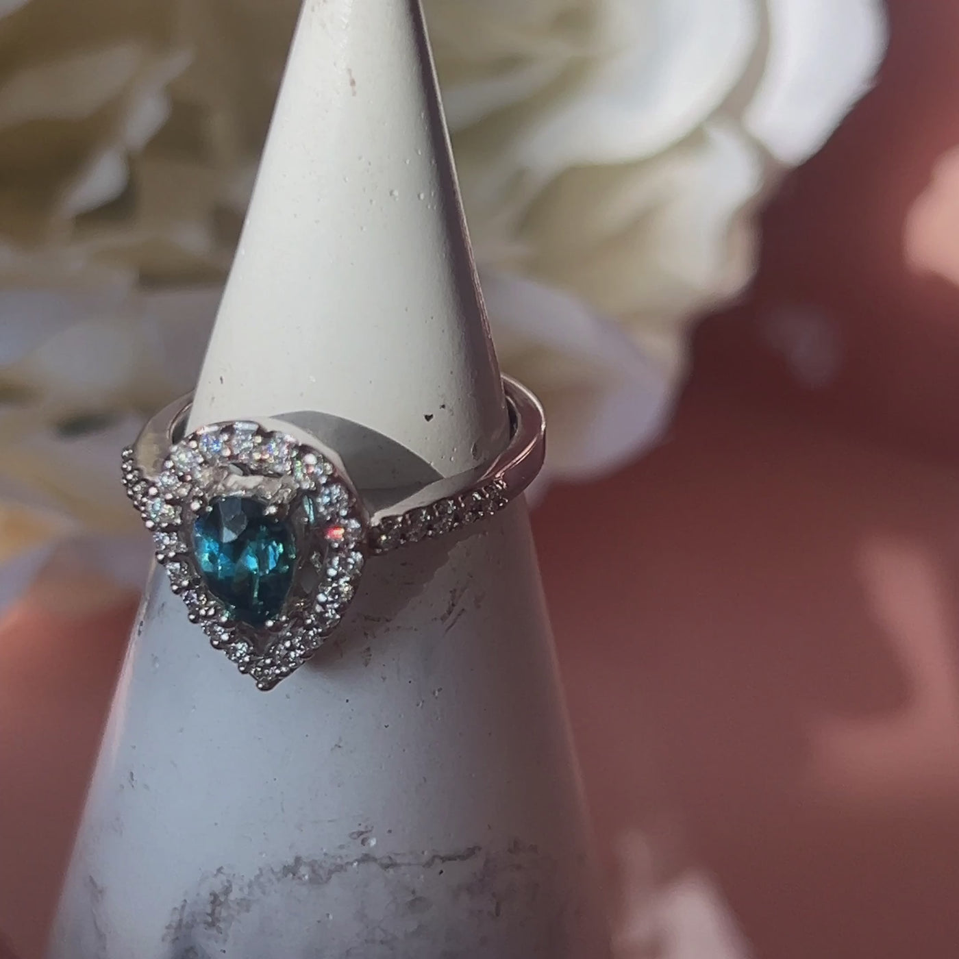 9ct Gold Pear Blue Zircon & Diamond Halo Ring