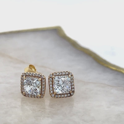 14ct Gold Cubic Zirconia Halo Cluster Stud Earrings.