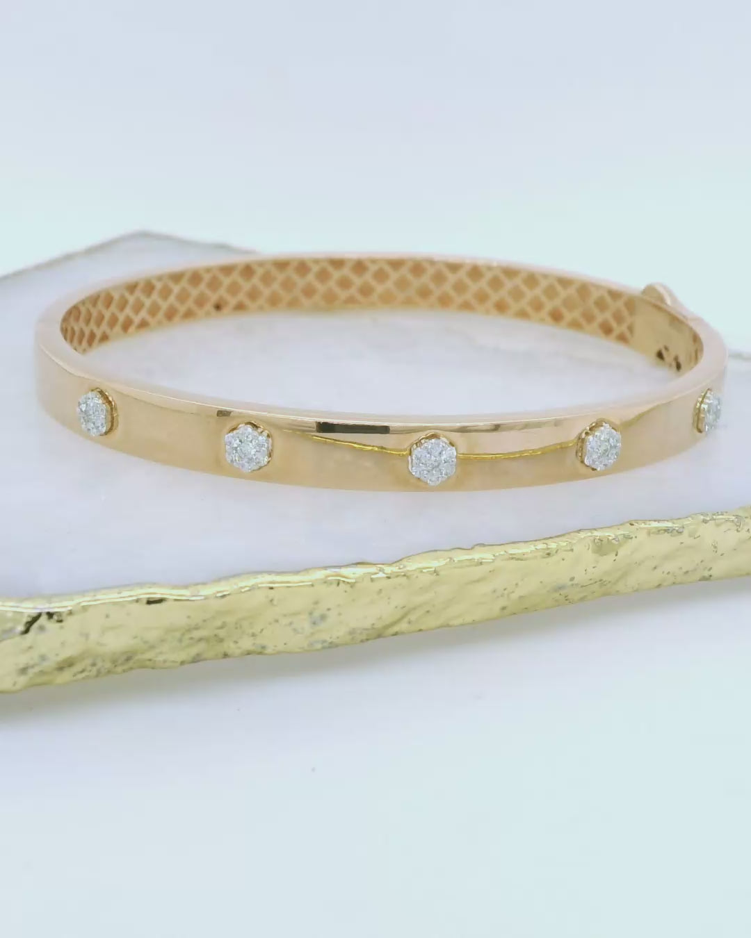 9ct Rose Gold Hinged Oval Bangle with Diamond Clusters