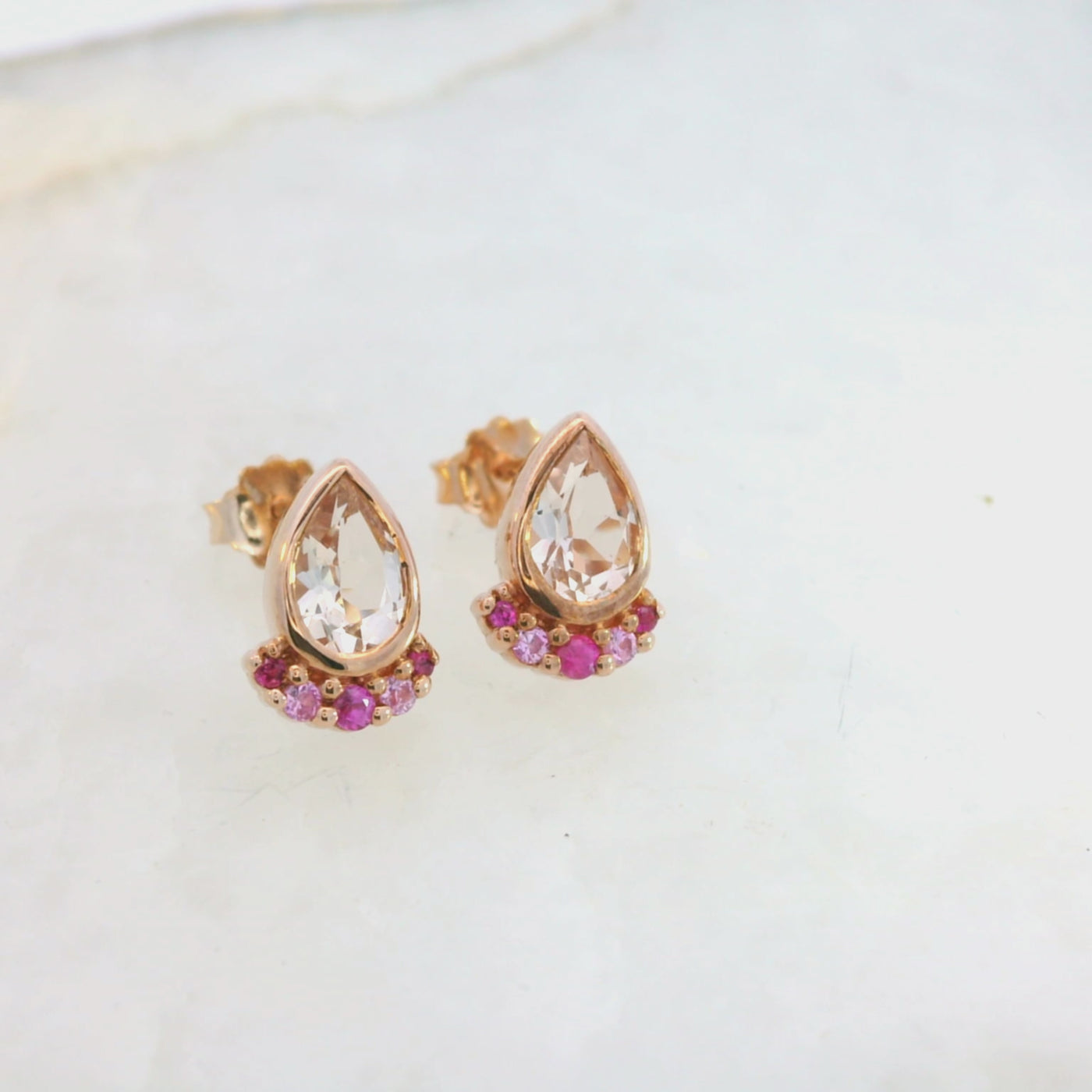 9ct Rose Gold Pear Shape Morganite, Ruby & Pink Sapphire Stud Earrings.