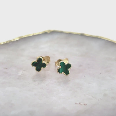 Clover Stud Earrings with Malachite in 9ct Yellow Gold.