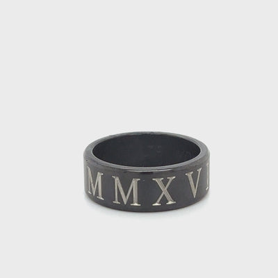 Gents 8mm Flat Engraved Black Zirconium Wedding Ring