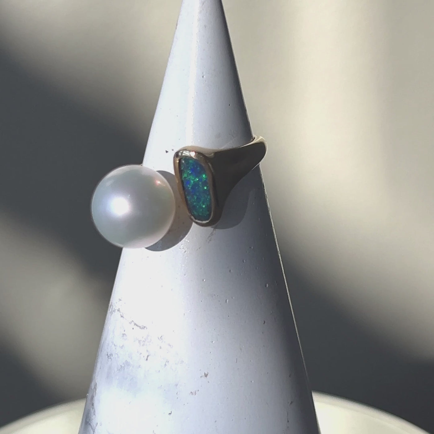 9ct Gold Solid Boulder Opal & South Sea Pearl Ring.