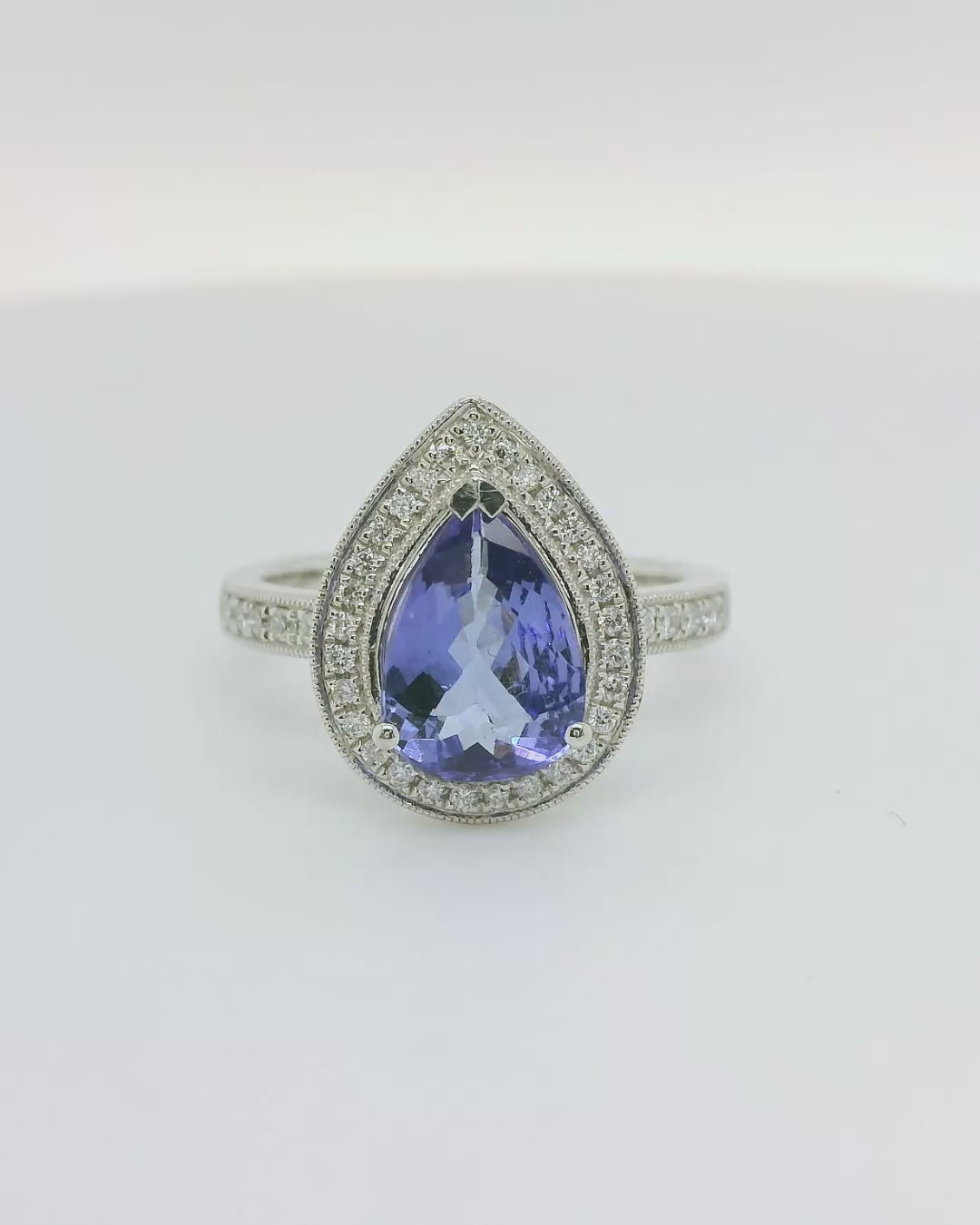 18ct White Gold Pear Shaped Tanzanite & Diamond Ring.