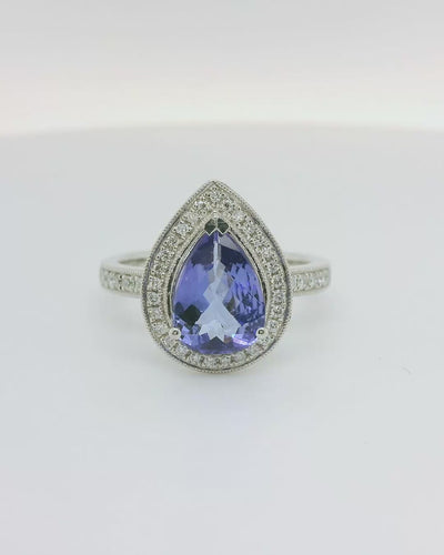 18ct White Gold Pear Shaped Tanzanite & Diamond Ring.