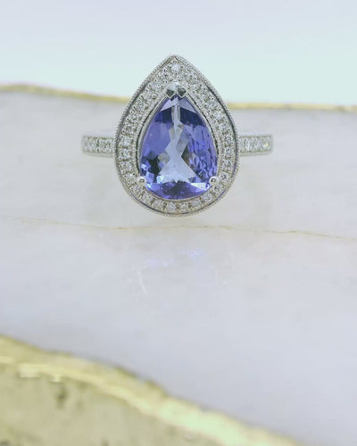 18ct White Gold Pear Shaped Tanzanite & Diamond Ring.