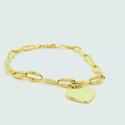 9ct Gold Oval Link Bracelet with Flat Heart Charm - Delicate Elegance