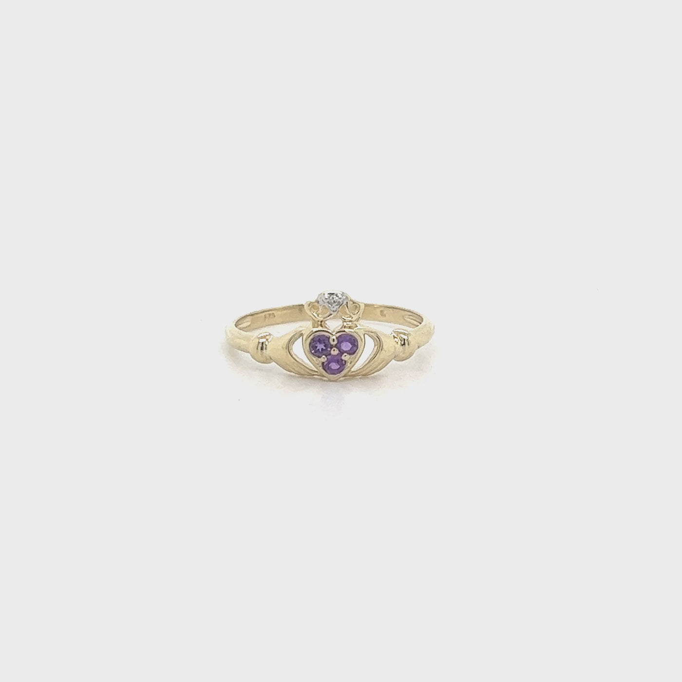 Irish Claddagh Ring with Amethysts in 9ct Yellow Gold.