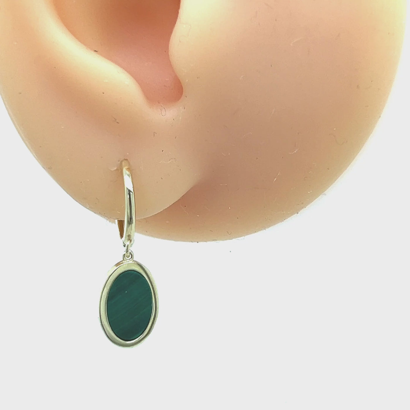 Oval Malachite Drop Earring in 9ct Yellow Gold.