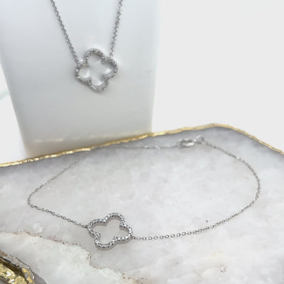 9ct White Gold Diamond Clover Necklace.